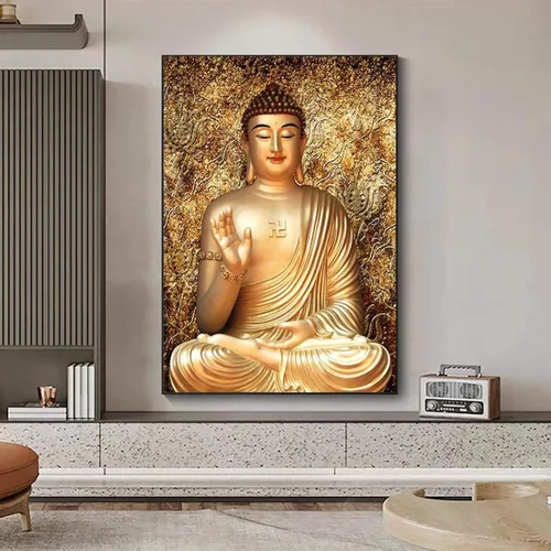 Pintura artística de pared, impresiones en lienzo de color dorado, pintura de Buda, impresión giclée, imágenes para decoración de pared de sala de