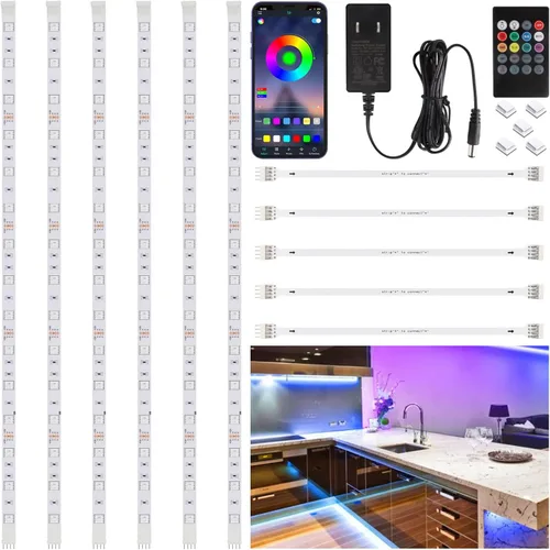 Kit de 6 piezas de iluminación RGB debajo del gabinete, luces de tira LED con control por aplicación y remoto, luces LED de cambio de color con