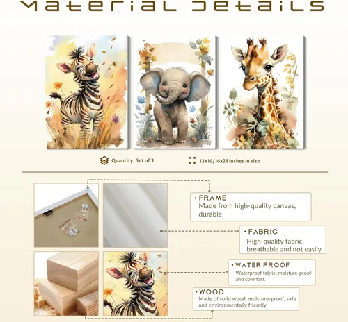 Miniatura 5 de Juego de 3 Arte de Pared de Animales del Bosque, Lienzo de Decoración de Pared con Imágenes de Animales Salvajes para Guardería, Lindo Póster