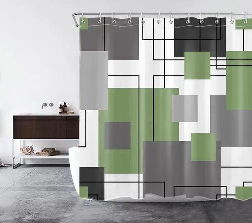 Miniatura 3 de LB Cortina de ducha geométrica a rayas grises y blancas, cortinas de ducha abstractas de mediados de siglo verde salvia para baño, 72 x 72 pulgadas
