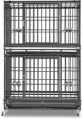 Miniatura 10 de Homey Pet Paquete de 2 jaulas apilables de tres niveles de 43 pulgadas para perros con ruedas, jaula de acero indestructible para perros