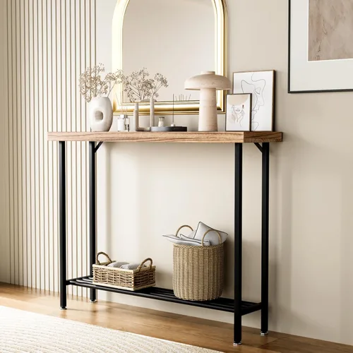 Miniatura 5 de Acovy Mesa consola industrial de madera maciza, mesa de entrada de 2 niveles con estantes de almacenamiento, mesa de sofá estrecha para sala