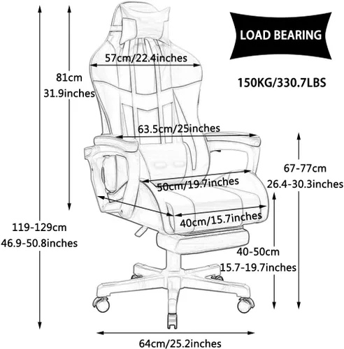 Miniatura 2 de Silla de juegos con reposapiés de 90° a 145° Gran ángulo puede tumbarse, silla ergonómica de carreras con abrazo, carga de 330.7 libras