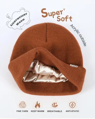 Miniatura 3 de Hat Hut Gorro de invierno con forro de satén para niños pequeños, gorro de punto con puños y forro de seda