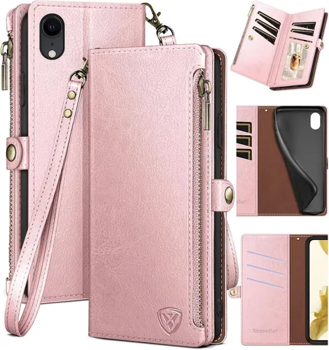 Miniatura 12 de XcaseBar Funda tipo cartera para iPhone XR de 6.1 pulgadas con bloqueo RFID, soporte para tarjetas de crédito con cremallera, funda de piel
