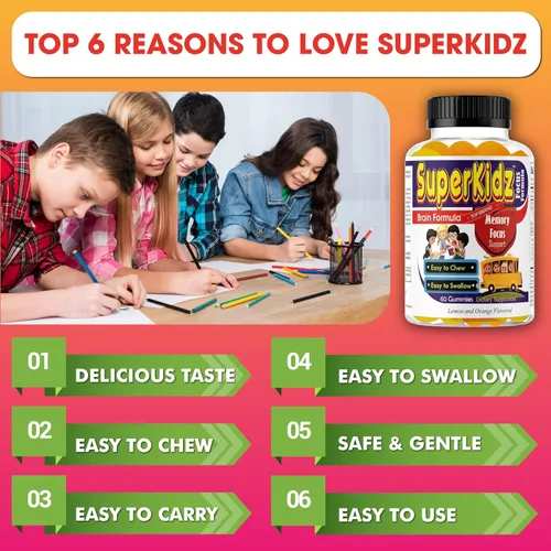 Miniatura 3 de Superkids - Gomitas de enfoque para niños con Omega 3 DHA, gomitas de apoyo cerebral para niños y adolescentes, gomitas de memoria y concentración