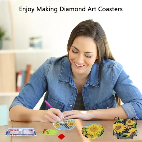 Miniatura 6 de TDOOW 8 Piezas Posavasos de Pintura de Diamante, Posavasos de Arte de Diamante de Girasol para Adultos DIY Posavasos de Arte de Diamante