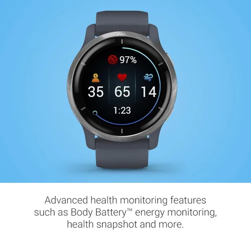Miniatura 6 de Garmin 010-02430-00 Venu 2, reloj inteligente GPS, monitoreo avanzado de salud, características de fitness, bisel plateado con funda color granito