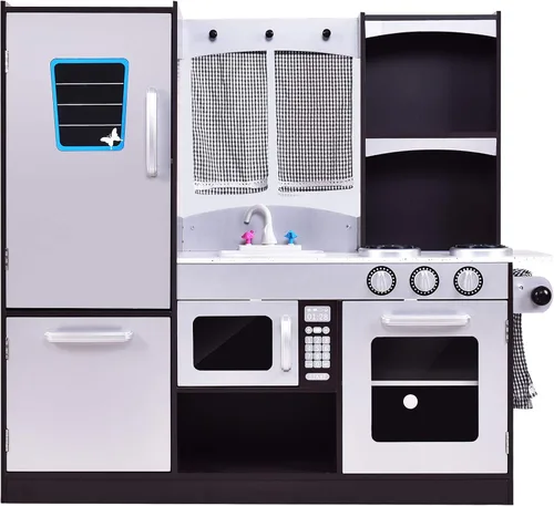Miniatura 11 de Costzon Juego de cocina para niños, juego de cocina de juguete de madera con pizarra, grifo, fregadero, horno, microondas, lavavajillas, accesorios