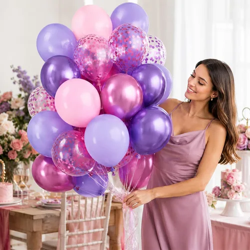 Miniatura 2 de Globos rosados y morados, 50 unidades de 12 pulgadas, globos de confeti, globos de látex metálicos rosados y morados con cinta, globos de fiesta