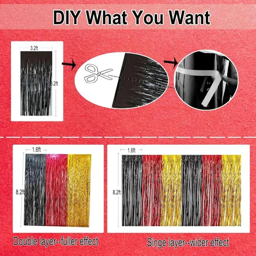 Miniatura 5 de Cortinas de telón de fondo de flecos de papel de aluminio dorado metálico rojo y negro, paquete de 3 serpentinas de 3.2 x 8.2 pies para decoración