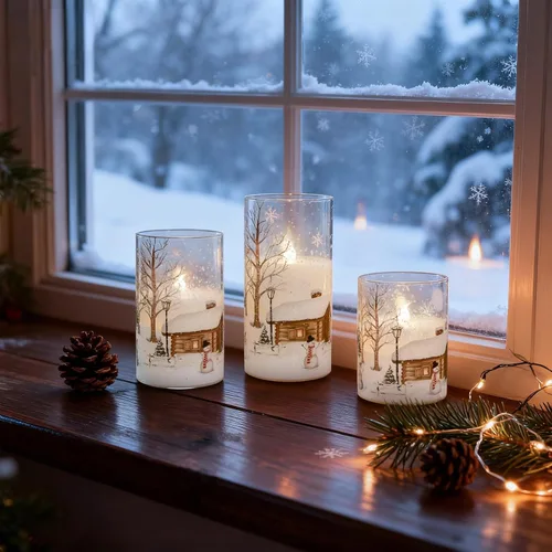 Miniatura 5 de Velas de muñeco de nieve de vidrio sin llama con pilas, control remoto y temporizador, cera real, LED, parpadeantes, pilar de velas blancas, luz