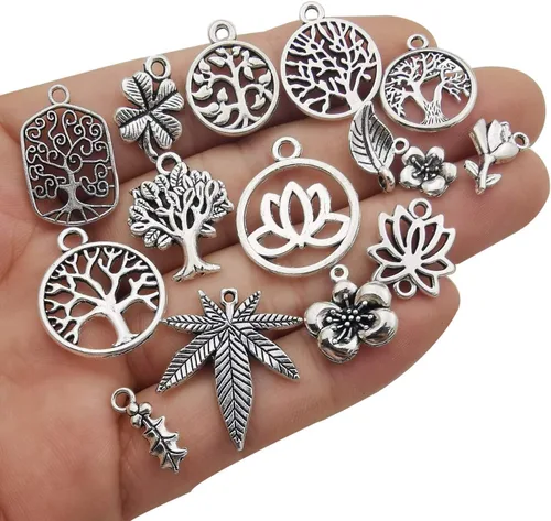 Miniatura 4 de Youdiyla Colección de 100 dijes de flores de árbol de plata, mini dijes pequeños de metal, suministros para manualidades para collar y pulsera