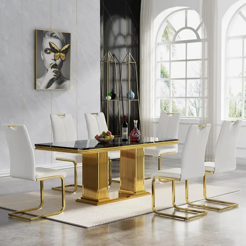 Miniatura 41 de Juego de mesa de comedor de 5 piezas, moderno juego de mesa de comedor para 4, 70 pulgadas, juego de mesa de comedor de mármol sintético blanco