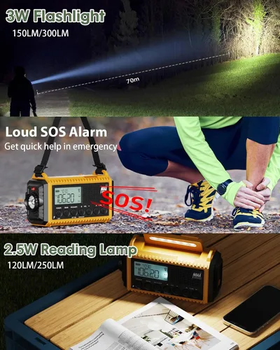 Miniatura 6 de Radio de emergencia, radio meteorológica NOAA con batería recargable de 12000 mAh, pantalla LCD, alerta automática, AM/FM/onda corta, SOS, puerto