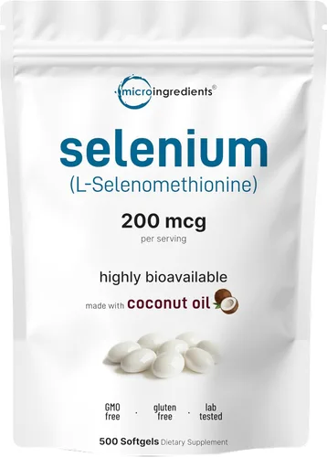 Micro Ingredients Suplementos de selenio para mujeres y hombres de 200 mcg, 500 cápsulas blandas con aceite de coco | Oligomineral esencial como