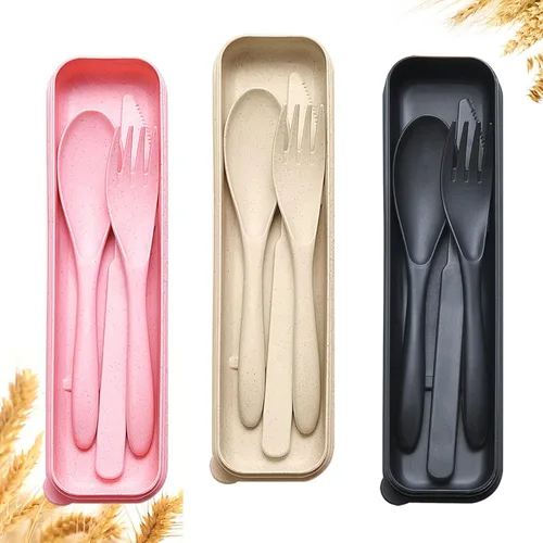 Miniatura 9 de YDYTOP Juego de utensilios de viaje reutilizables con estuche, cuchillo portátil de paja de trigo beige, tenedor, cucharas, vajilla, cubiertos