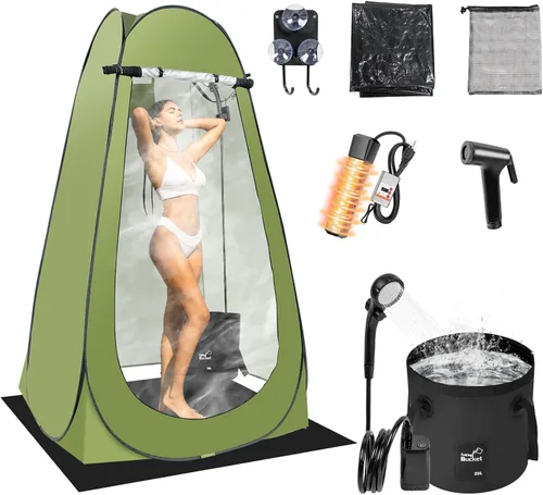 Tienda de Campaña de Ducha Caliente Portátil para Acampar, Tienda de Privacidad Desplegable con Ducha de Camping Recargable con Calentador de Agua