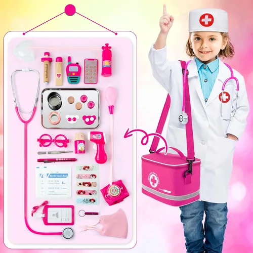 Miniatura 4 de EFO SHM Kit médico para niños y niñas, 34 piezas para niños pequeños de 3 a 5 años con bolsa de almacenamiento médico y estetoscopio real, juego