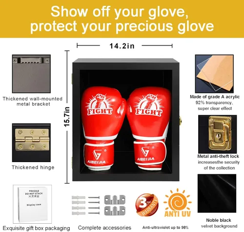 Miniatura 3 de Vitrina para guantes de boxeo, montaje en pared, con cerradura, tamaño completo, protección UV, acrílico transparente, caja para béisbol y boxeo