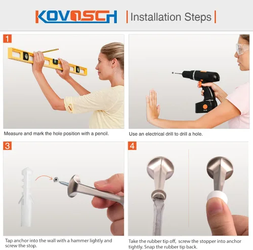Miniatura 6 de Paquete de 10 topes rígidos sólidos para puerta, protectores de pared resistentes con puntas de goma suave, níquel satinado