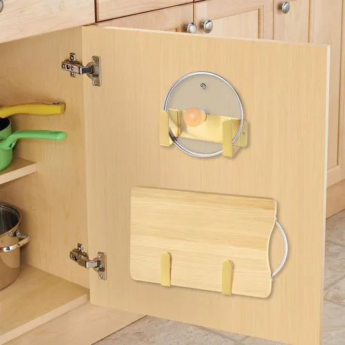 Miniatura 4 de Estante para tapa de olla, soporte organizador de tapa de sartén de acero inoxidable 304 montado en la pared, autoadhesivo, herramienta de Dorado