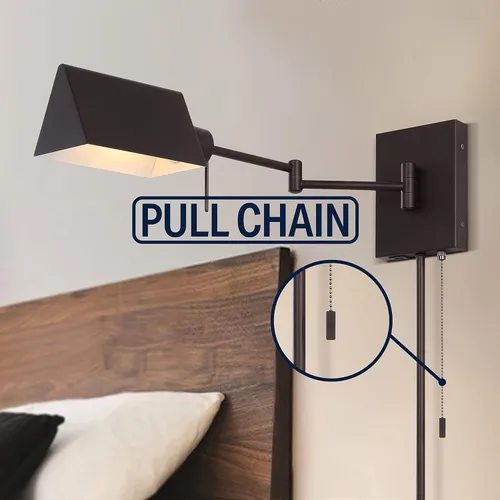 Miniatura 5 de JONATHAN Y Aplique de pared con brazo oscilante dorado de latón de 22 pulgadas, enchufable o cableado con puerto de carga USB y cadena de tracción