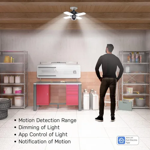Miniatura 5 de Feit Electric Luz LED de techo de garaje con cámara, luz de garaje de seguridad inteligente WiFi 2.4GHz, base E26 atornillada, sensor de movimiento