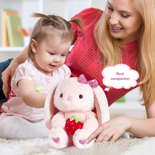 Miniatura 3 de Conejo de Fresa de Peluche con Orejas Caídas, Animales de Peluche Rosa Esponjosos con Fresa, Juguete Blando para Regalo para Niños, Niñas y Niños
