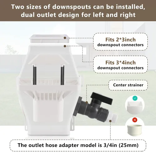 Miniatura 2 de Kit desviador de barril de lluvia – Sistema de recolección de agua de lluvia se adapta a bajante de 2 x 3 o 3 x 4 pulgadas con filtro y espita de PVC