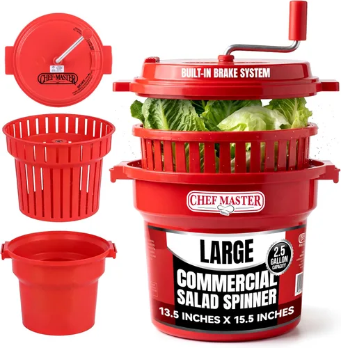 Chef Master - Secador de ensalada comercial de 2.5 galones – Spinner manual de lechuga y lavador de frutas con colador – Caja de cambios sellada,