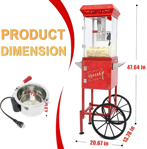Miniatura 6 de Máquina de palomitas de maíz con ruedas de carrito – Máquina de palomitas de maíz con hervidor de acero inoxidable de 8 onzas, máquina para hacer