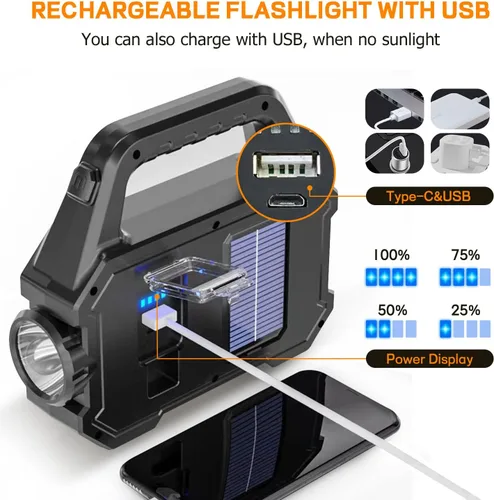 Miniatura 6 de Linterna Solar de Mano, 1000 Lúmenes Linternas de Mano con Carga Solar o USB, Linternas Portátiles Impermeables Alimentadas por Energía Solar con 6