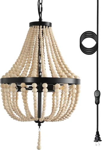 Candelabro de 3 luces con enchufe regulable y temporizador, mini lámpara colgante bohemia con cuentas de madera con cable de 16.4 pies, cuentas de