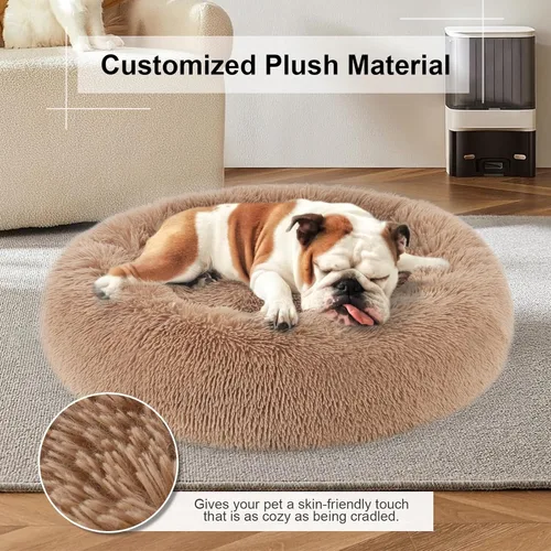 Miniatura 7 de Cama para perros, cama calmante para gatos, cama de felpa de piel sintética con forma de rosquilla para mascotas, cama redonda para perros y gatos