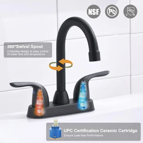 Miniatura 3 de Grifo de baño negro mate de dos asas, boquilla giratoria con montaje de drenaje emergente, arco alto, con mangueras de suministro de agua, fácil