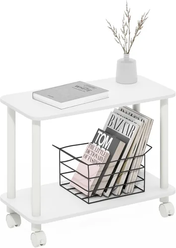 Furinno Turn-N-Tube - Mesa auxiliar rectangular de 2 niveles con ruedas, mesita de noche de esquina redonda, mesita de noche con estante abierto,