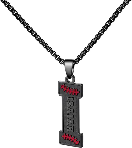 Miniatura 21 de Ldurian Collar personalizado con nombre de béisbol, cadena negra de acero inoxidable, collar con nombre deportivo, letra A-Z de 24 pulgadas, regalos