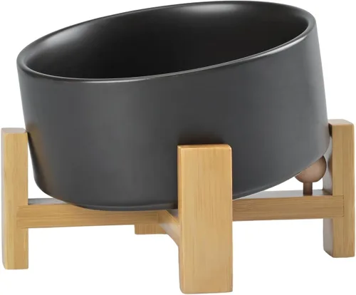 Miniatura 24 de SPUNKYJUNKY Cuenco de cerámica inclinado de 15° para perros y gatos con soporte de madera, cuenco inclinado para comida y agua para bulldog Blanco