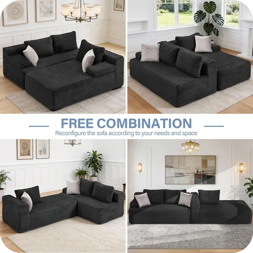 Miniatura 5 de Seccional modular: asiento de nube en forma de L con espuma viscoelástica, muebles de sala de estar convertibles de 3 asientos, diván de gran Negro