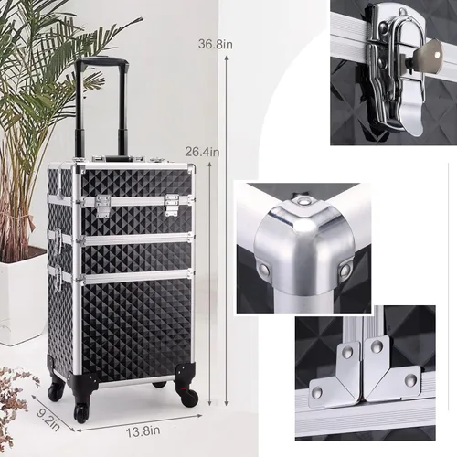 Miniatura 5 de estuche profesional 3 en 1 para maquillaje rodante, estuche de tren de aluminio con ruedas de rotación 360° para artista de maquillaje, maleta
