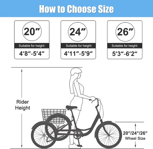 Miniatura 6 de Slsy Triciclo para adultos de 7 velocidades, 20/24/26 pulgadas, bicicleta de 3 ruedas para adultos con cesta de compras grande, capacidad de 350