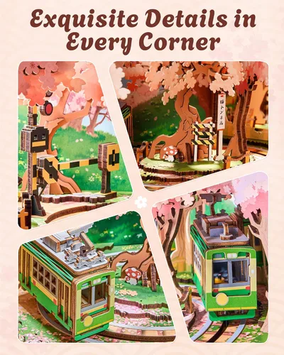 Miniatura 5 de ROBOTIME Rompecabezas de madera 3D para adultos, kits de casa en miniatura para bricolaje, caja de música para la familia, árbol de cerezo japonés