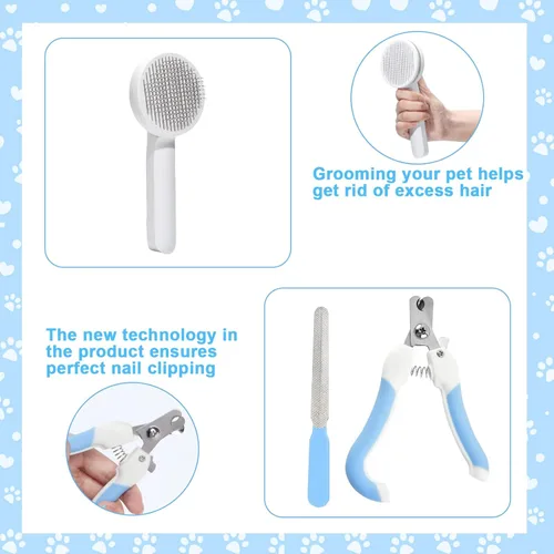 Miniatura 4 de VCZONE Kit de aseo de 8 piezas de cepillos para gatos, kit de autolimpieza para mascotas con cortaúñas y lima para mascotas, peine de pulgas, Azul