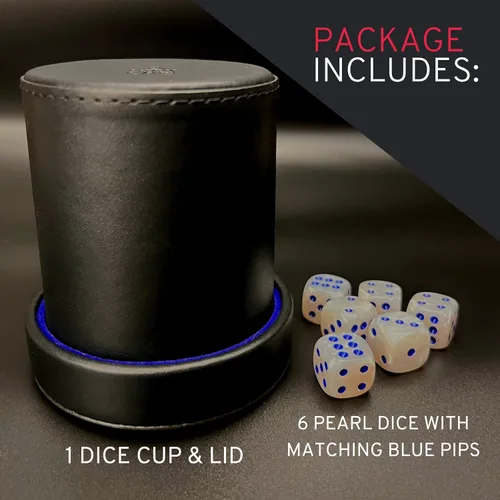 Miniatura 6 de Luck Lab Taza de dados de cuero negro con tapa, incluye 6 dados de perlas a juego, interior de terciopelo azul para agitación silenciosa, uso