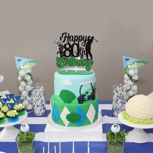Miniatura 4 de Decoración de pastel de golf de 80 cumpleaños negro verde golf 80 años jugador de pelota decoración de pastel 1943 temática deportiva suministros