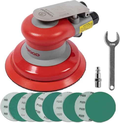 Lijadora neumática orbital aleatoria de 5 pulgadas, lijadora de palma ligera de 3/16" (5 mm) de diámetro, 12000 RPM con 10 piezas extra de papel de