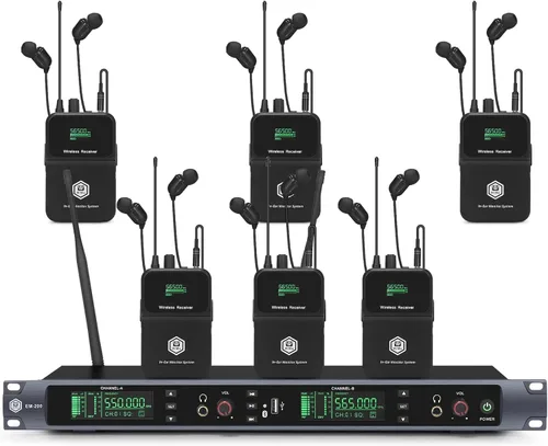 W IN-MIX EM200 UHF Sistema de monitor intrauditivo inalámbrico - 2 canales con 6 paquetes mono IEM System, tecnología PLL, rango de 300 pies,