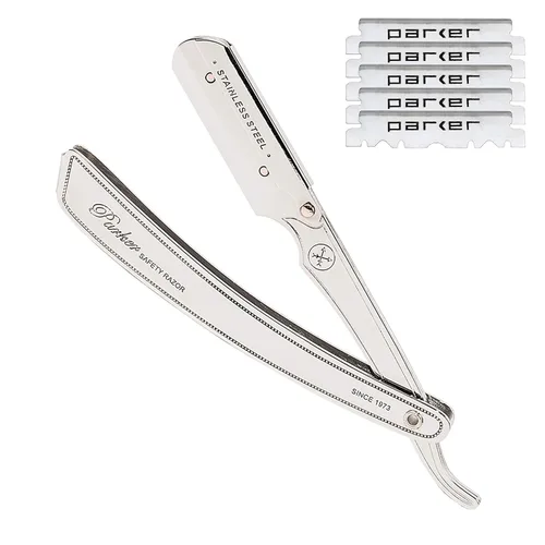 Maquinilla de afeitar recta Parker SRX – Maquinilla de barbero totalmente de acero inoxidable con soporte de hoja tipo clip para hojas desechables –