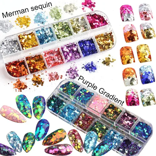Miniatura 2 de 2 cajas de 24 colores camaleón holográfico con purpurina de sirena, arte de uñas, lentejuelas, copos 3D, degradado láser, diseño de purpurina